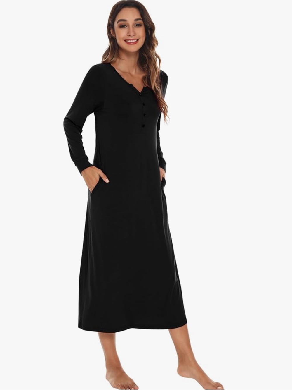 Wiwi Bamboo Long Sleeve Henley Nightgown Cooling Sleep Dress Small Black Soft